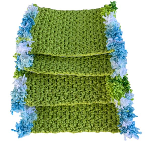 Mug Rugs Handmade Crochet Green Blue White Cotton Fringe Set of 4 Coasters - Picture 4 of 10